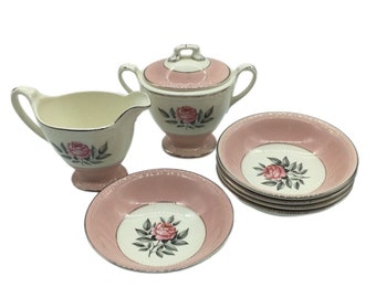 Vintage Cunningham Pickett Berry Bowls Set: Norway Rose Porcelain, Silver Trim