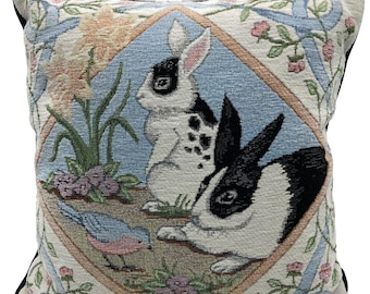 Throw Pillow 14" Square Bunnies Spring Setting Pastel Tapestry Solid Navy Back