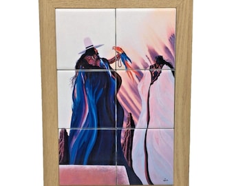 William Bill Rabbit Cherokee "Gentle Touch" Print Ceramic Tiles Oak Framed Art