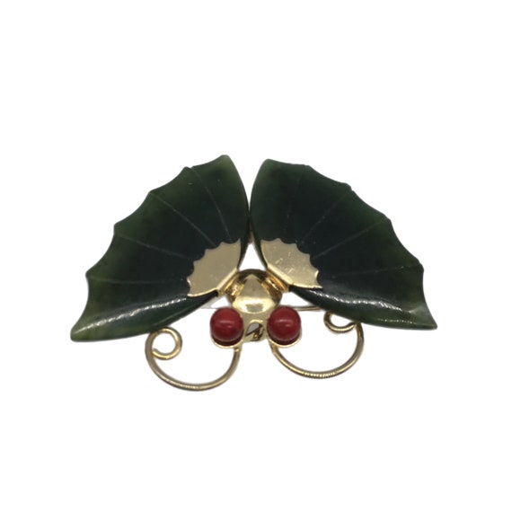 Butterfly Brooch Jade and Coral, Vintage Brooch, B