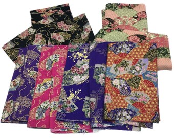 Vintage Asian Fabric Lot: Fan Motif Quilting Material, Gold Details
