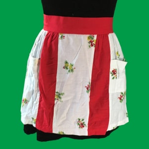 Vintage Apron, Red White Half Apron, Christmas Apron with Pockets, Handmade Waist Tie Apron Winter Holiday