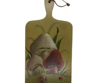Mushroom Wall Art Cutting Board 1970s Decorative Hand Painted Artist signed Wall Hanger