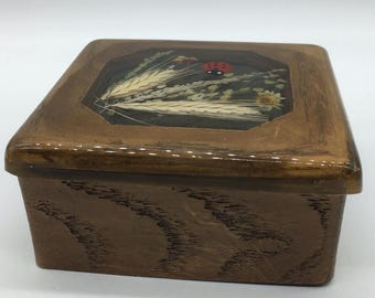 Vintage Jewelry Box Wood Base Clear Resin Lid Dried Flowers Ladybug Nature Theme