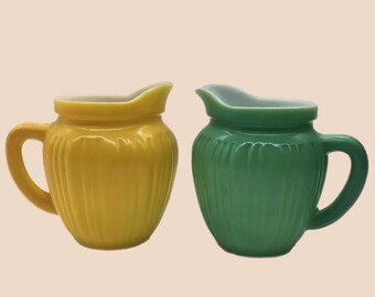 Two Hazel Atlas Platonite Milk Glass Pastel Creamers USA Sunshine Yellow and Jade Green