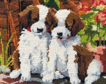 Framed Needlepoint Puppies: Autumn Colors Wall Art