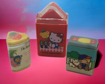 3 VTG Sanrio Erasers Patty & Jimmy Hello Kitty Strawberry Girl Story of Elves