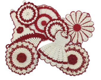 Crochet Doily Pot Holders Grouping of 8, Red and White Crochet, Kitchen Decor, Retro Kitchen Accents, Hand Crocheted, 1950s Vintage Style