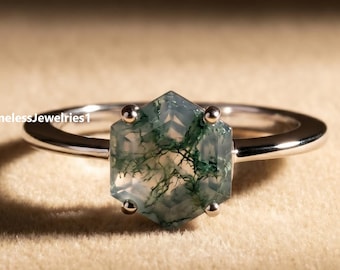 Minimalist Moss Agate Hexagon Cut Solitaire Ring, Dainty Promise Ring, Nature Inspired Wedding & Engagement Ring, Anniversary Gift For Her