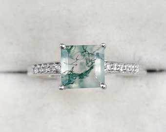 Natural moss agate Square cut engagement ring, Nature inspired Mossy Agate ring, Forest ring, Anniversary Ring for women Unique Gift for her