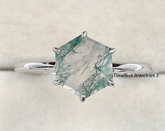 Minimalist Moss Agate Hexagon Cut Solitaire Ring, Dainty Mossy Agate Ring, Nature Inspired Wedding & Engagement Ring, Anniversary For Women