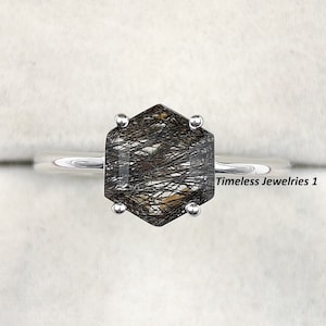 Minimalist Black Rutilated Quartz Hexagon cut Ring, Tourmalinated Quartz Solitaire Ring, Salt And Pepper Quartz Ring, Anniversary Ring, Gift