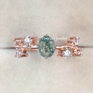 Minimalist Moss Agate Oval Ring: Sterling Silver Promise Ring