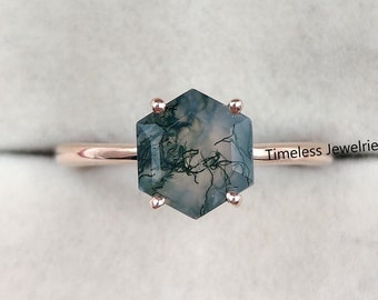 Minimalistische Moss Agate Hexagon Cut Solitaire Ring, Sierlijke Mossy Agate Ring, Natuur Geïnspireerde Bruiloft & Verlovingsring, Verjaardag voor vrouwen