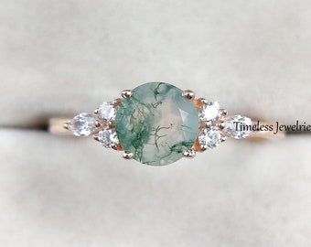 Moss Agate Round Cut Statement Ring, Gold Engagement Ring For Women, Nature Inspired Wedding Ring Unique Anniversary Ring Gift For Her
