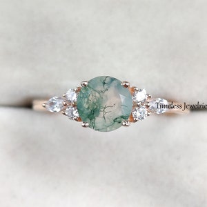 Moss Agate Round Cut Statement Ring, Gold Engagement Ring For Women, Nature Inspired Wedding Ring Unique Anniversary Ring Gift For Her