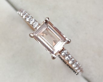 Peach Morganite Engagement Ring, Emerald Cut Engagement Ring, Pink Gemstone Rose Gold Promise Ring, Anniversary Gift, Bridal Ring For Women