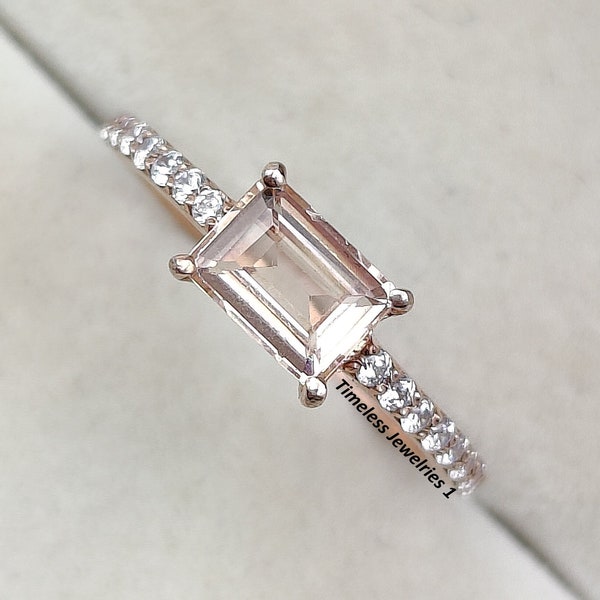 Peach Morganite Engagement Ring, Emerald Cut Engagement Ring, Pink Gemstone Rose Gold Promise Ring, Anniversary Gift, Bridal Ring For Women