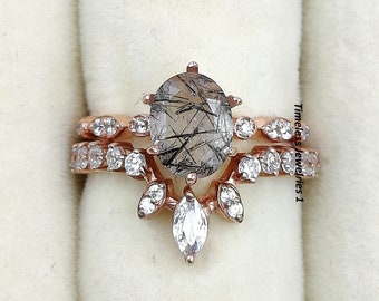 Natural Black Rutilated Quartz Ring, Oval Shaped Salt And Pepper Diamond Ring, Engagement Ring Set, Anniversary Ring, Gift, Bridal Ring Set