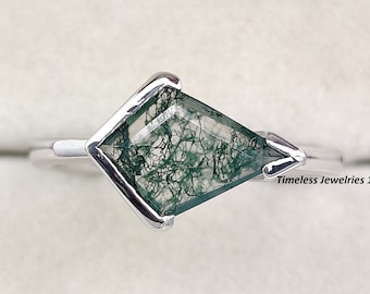 Kite Cut Natural Moss Agate Ring, Dainty Solitaire Ring, Promise Ring, Wedding & Engagement Ring, Minimalist Silver Ring Women Gift For Her