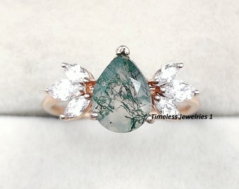 Natural moss agate Pear cut engagement ring, Nature inspired Mossy Agate ring, Forest ring, Anniversary ring for women, Unique Gift for her
