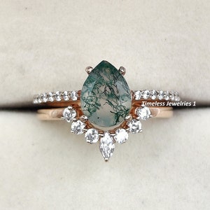 Natural Moss Agate Ring Set-Pear Shaped-Gold Ring-Silver Ring-Delicate Ring-Stacking Ring-Promise-Anniversary Ring for Women-Christmas Gift