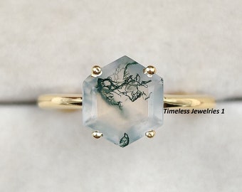 Minimalist Moss Agate Hexagon Cut Solitaire Ring, Dainty Promise Ring, Nature Inspired Wedding & Engagement Ring, Anniversary Gift For Her