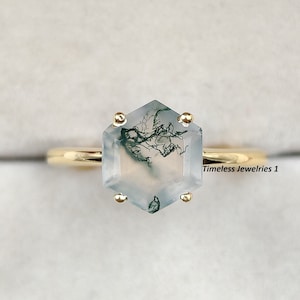 Minimalist Moss Agate Hexagon Cut Solitaire Ring, Dainty Promise Ring, Nature Inspired Wedding & Engagement Ring, Anniversary Gift For Her