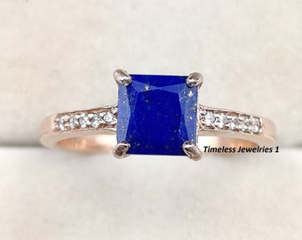 Square cut Lapis Lazuli ring, Vintage unique cluster Lapis Lazuli engagement ring, Antique Noble Gift for Women, Unique Blue Gemstone Ring