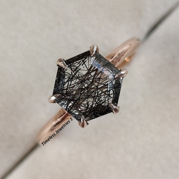 Hexagon Cut Black Rutilated Quartz Ring, Salt And Pepper Diamond Ring, Rutile Tourmalinated Quartz Solitaire Ring, Anniversary Gift For Her