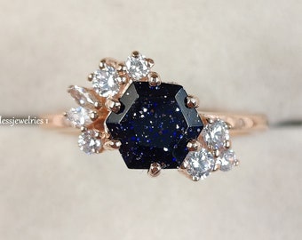Hexagon Blue Sandstone Ring: Gold, Galaxy Engagement Ring
