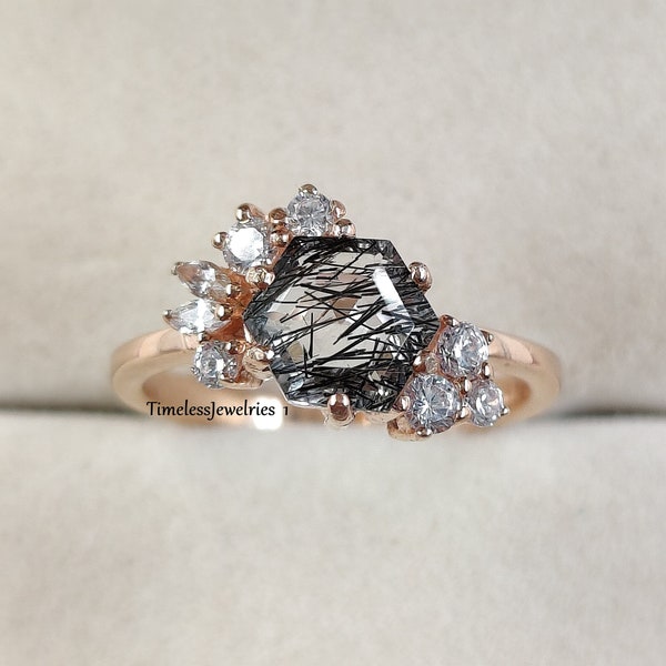 Natural Black Rutilated Quartz Engagement Ring, Hexagon Cut Black Rutile Ring, Salt And Pepper Diamond Ring, Unique Anniversary Gift For Her