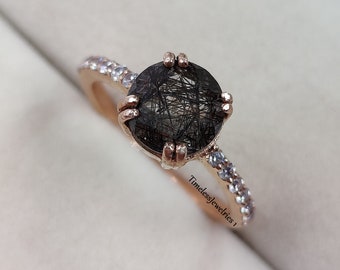 Anello di fidanzamento al quarzo rutilato nero naturale taglio rotondo, anello di promessa al quarzo tormalinato, anello di diamanti sale e pepe, regalo di anniversario