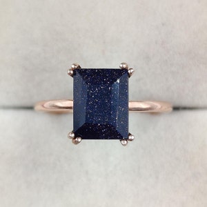 Emerald Cut Blue Sandstone Solitaire Ring, Minimalist Star Stone Ring, Delicate Goldstone Ring, Simple Engagement Ring, Anniversary Gift