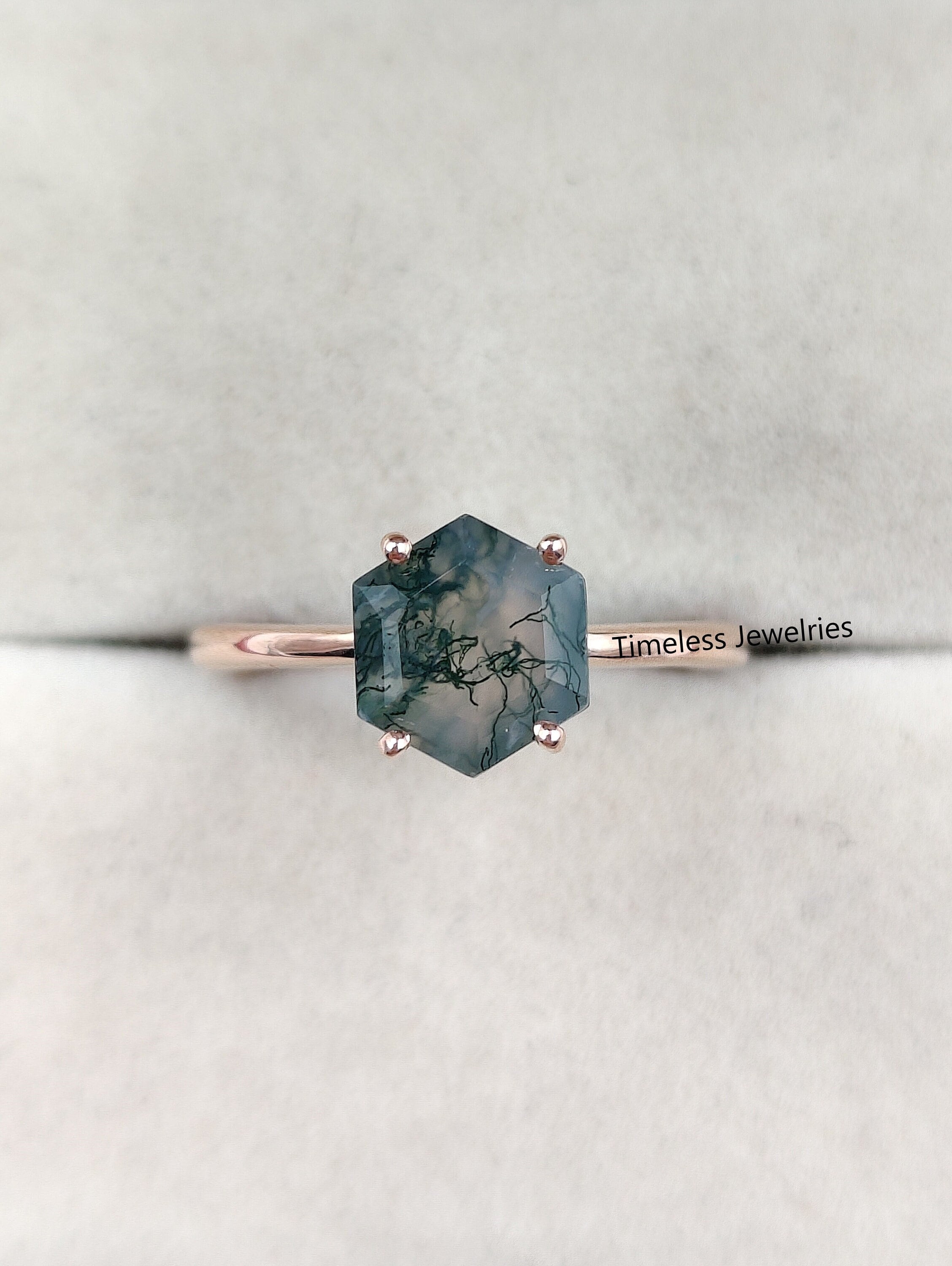 Minimalist Moss Agate Hexagon Cut Solitaire Ring, Dainty Mossy Agate Ring, Nature Inspired Wedding & Engagement Ring, Anniversary For Women