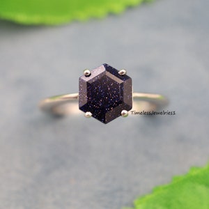 Hexagon Cut Natural Blue Sandstone Ring, Minimalist Goldstone Stone Ring, Galaxy Engagement Ring, Promise Ring, Anniversary Ring for women