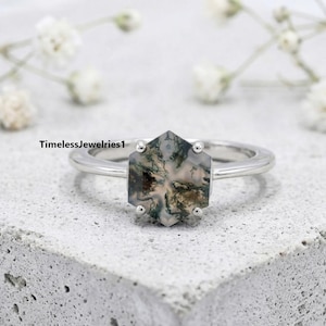 Bague solitaire minimaliste en agate mousse coupe hexagonale, bague de promesse délicate, bague de mariage et de fiançailles inspirée de la nature, cadeau d'anniversaire pour elle