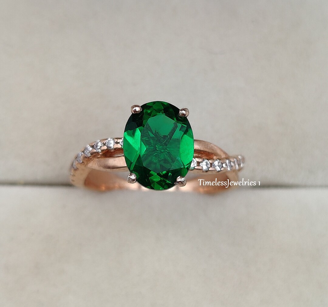 Oval Cut Twisted Emerald Engagement Ring Dainty Green Promise Etsy