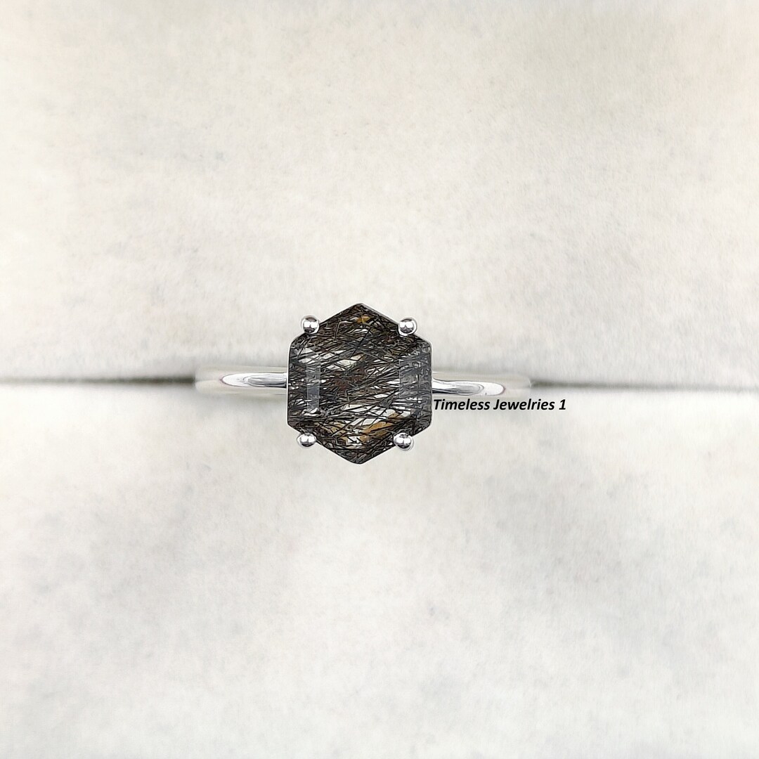 Minimalist Black Rutilated Quartz Hexagon Cut Ring, Tourmalinated