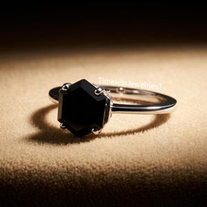 Hexagon Cut Black Onyx Solitaire Ring, Gold-Silver Women Ring, Minimalist Stacking Ring, Promise Ring, Bridal Ring, Anniversary Gift For Her