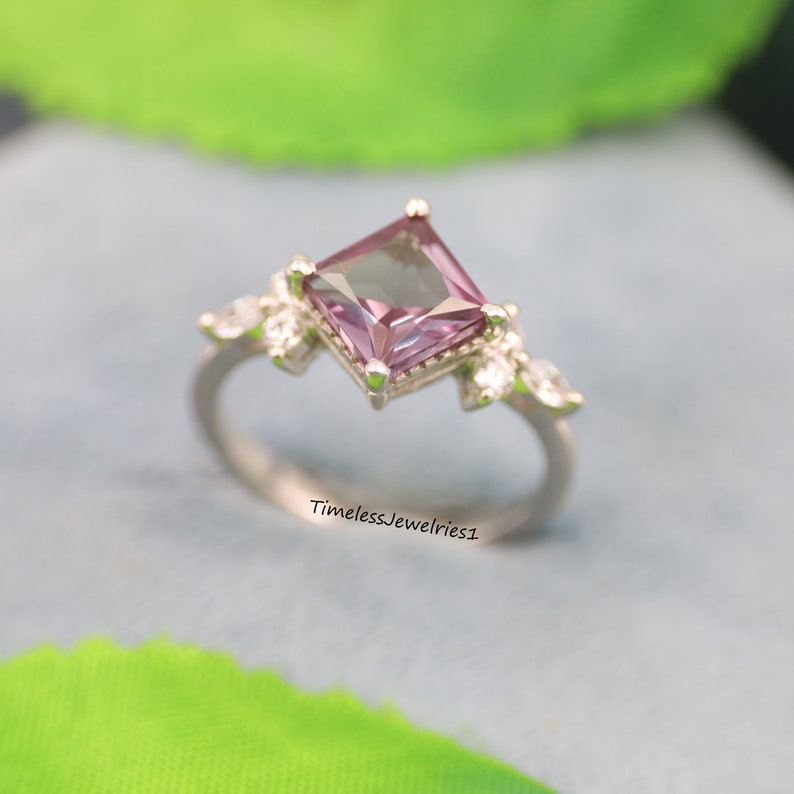 Princess Cut Alexandrite Engagement Ring, Color Changing Stone Ring, Dainty Ring, Statement Ring, Anniversary Gift for her, Christmas Gift image 2