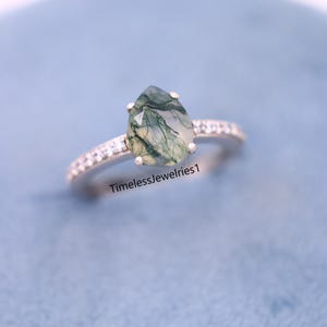 Pear Cut Moss Agate Engagement Ring, Dainty Wedding & Engagement Ring For Women, Promise Ring, Anniversary Gift For Her, Rings For Women