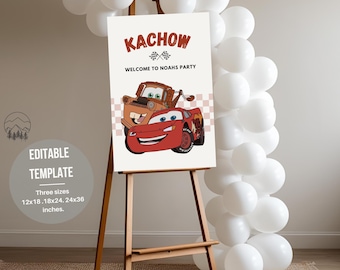 May include: Editable printable sign featuring a red race car and a brown tow truck with the text "KACHOW! WELCOME TO NOAH'S PARTY" in red and white. Three sizes are available: 12x18, 18x24, and 24x36 inches.