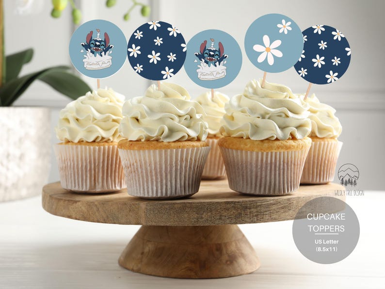 May include: Set of six cupcake toppers featuring Stitch from Lilo & Stitch. The toppers are printed on white cardstock with blue and white designs. The toppers are perfect for a birthday party or any Stitch-themed event.