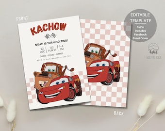 May include: A red and orange Cars themed birthday invitation with a checkered background. The invitation says "Kachow" and "Noah is turning two!" with details for the party.