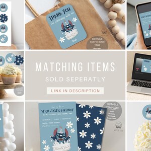 May include: A collection of printable party supplies featuring Stitch from Lilo & Stitch. The designs include cupcake toppers, favor tags, a welcome sign, an invitation, and a digital template. The theme is blue and white with a floral pattern.