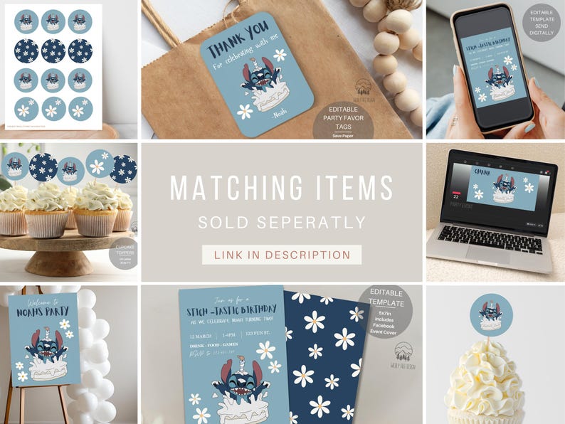 May include: A collection of printable party supplies featuring Stitch from Lilo & Stitch. The designs include cupcake toppers, favor tags, a welcome sign, an invitation, and a digital template. The theme is blue and white with a floral pattern.