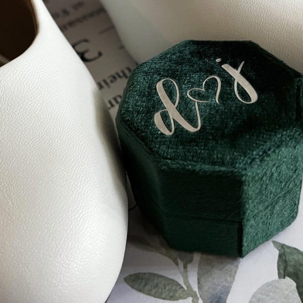 Custom Velvet Two Slot Ring Box - Wedding Ring Bearer Box with Monogram or Surname