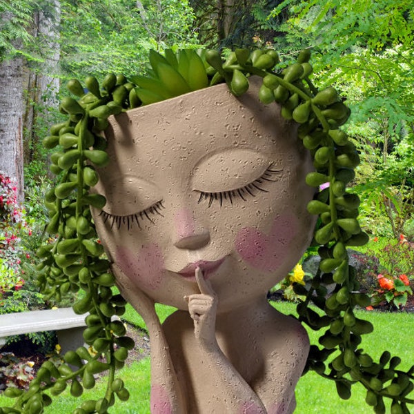 Girl face "Tracy" planter in silence gesture, Cute Resin Cactus Planter with Drainage Hole .Daydreaming girl.