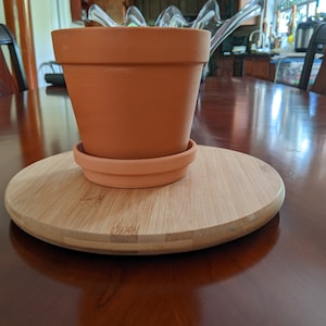 May include: A terracotta flower pot with a saucer sits on a round wooden coaster. The coaster is made of light brown bamboo.